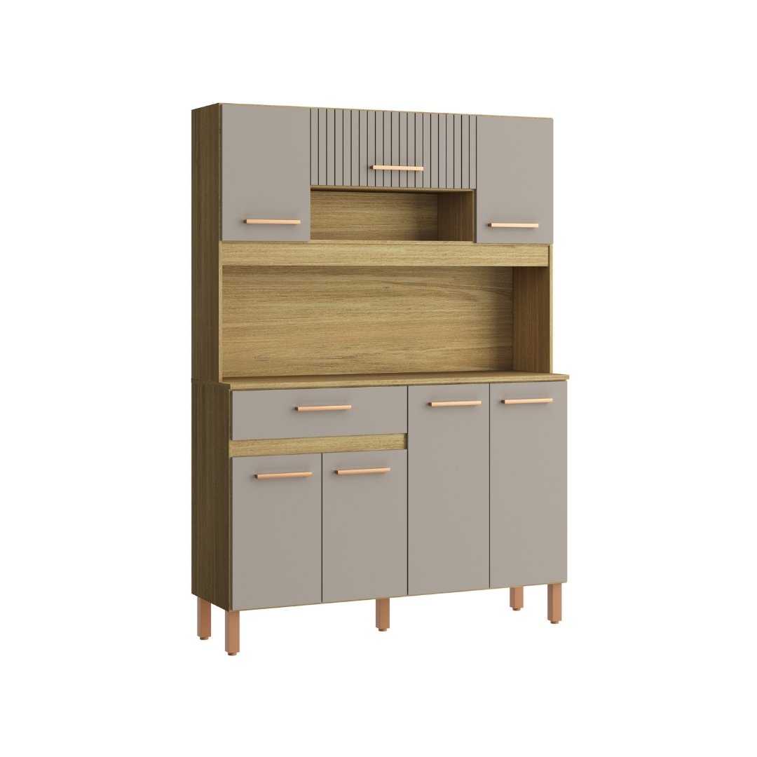 Kit de Cozinha 288 120cm 7 Portas 1 Gaveta Mdp Louro Freijó / Cinza C/ Tampo Espaço P/ Micro-ondas