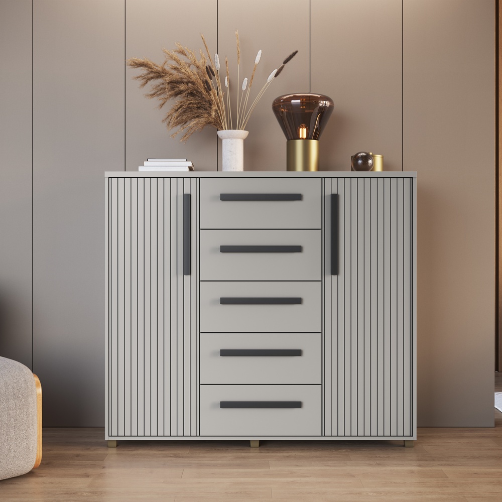 Cômoda Strauss 135cm 2 Portas 5 Gavetas Mdf Cinza / Cinza 528