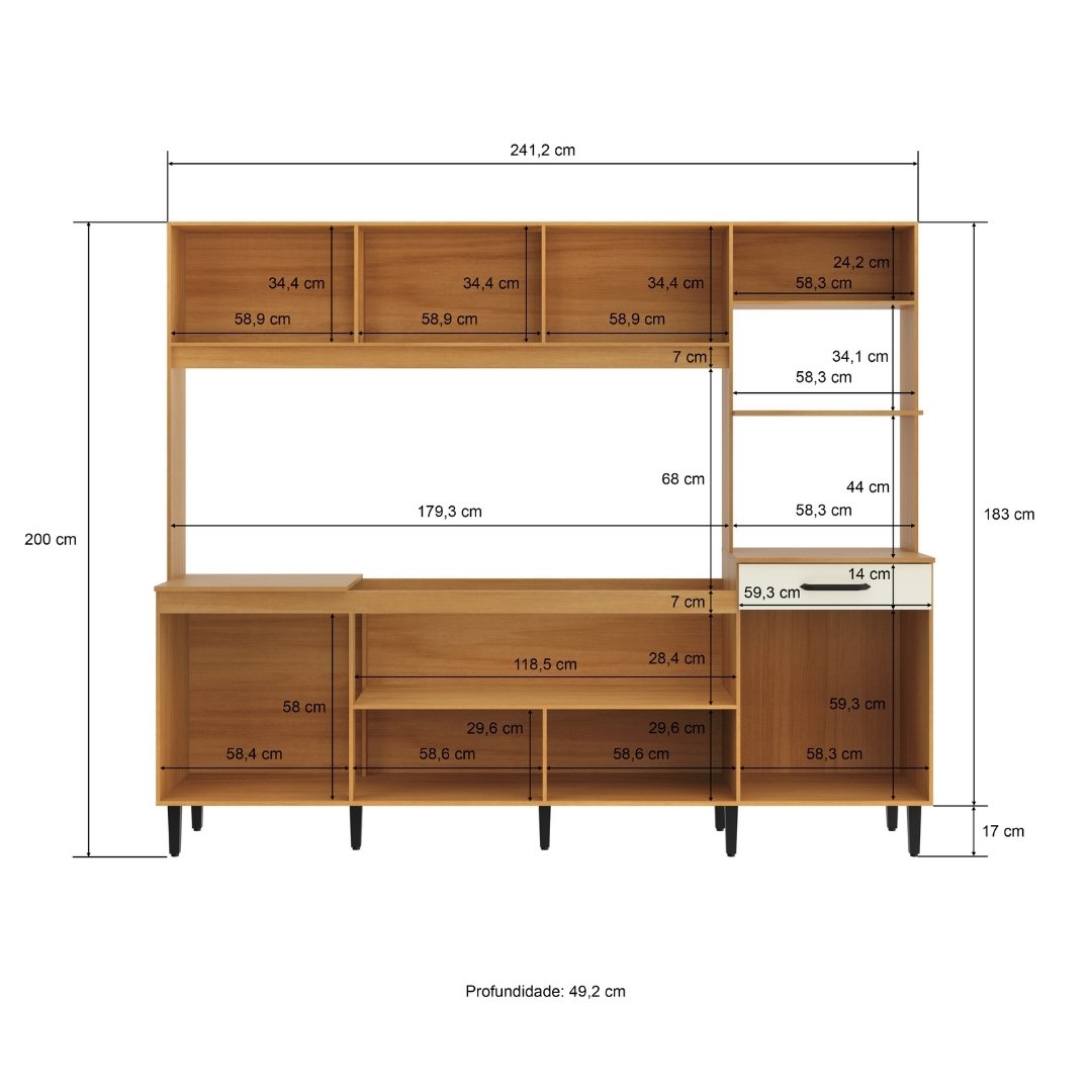 Cozinha Compacta Hortênsia 241,2cm 8 Portas 1 Gaveta Mdp Nature / Champanhe S/tampo C/ Nicho P/ Micro-ondas e Forno Elétrico 598