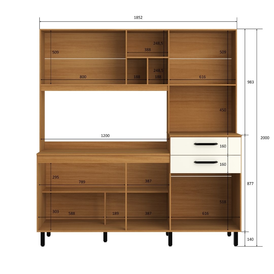 Cozinha Compacta Tainá 185,2cm 8 Portas 2 Gavetas Mdp Nature / Champanhe S/tampo C/ Nicho P/ Micro-ondas 597