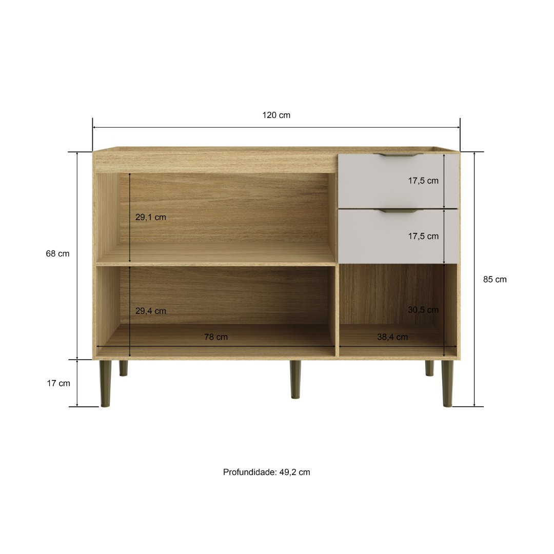 Balcão P/ Pia 120cm 3 Portas 2 Gavetas Mdf Louro Freijó / Cinza Linha Ibiza 4307