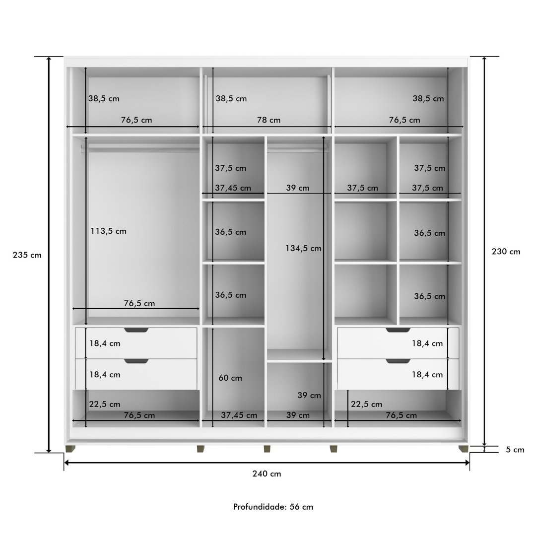 Roupeiro Tesla 240cm 2 Portas 4 Gavetas Mdf Branco / Branco Grafiatto C/ Espelho 501