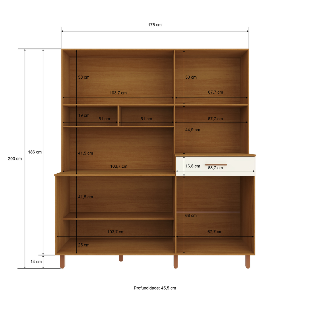 Kit de Cozinha Áurea 175cm 7 Portas 1 Gaveta Mdp Nature / Champanhe C/ Tampo Espaço P/ Micro-ondas 595