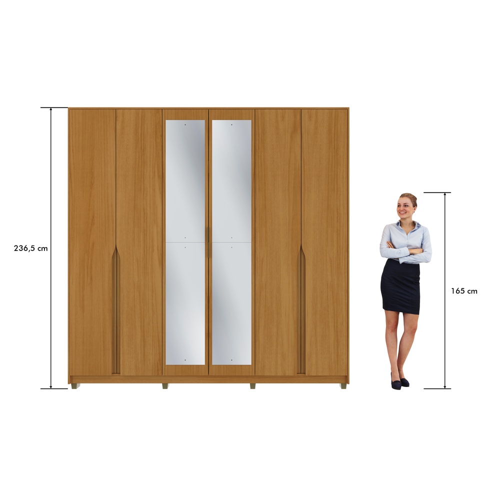 Roupeiro Voltaire 235,5cm 6 Portas 4 Gavetas Mdf Nature / Champanhe C/ Espelho 525