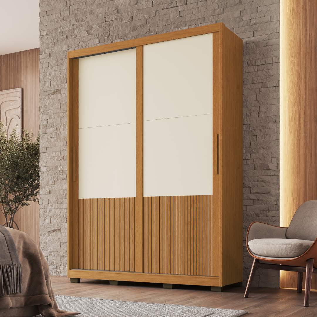 Roupeiro Sírus 170cm 2 Portas 3 Gavetas Mdf Nature / Nature / Champanhe  C/ Grafiatto S/ Espelho 527