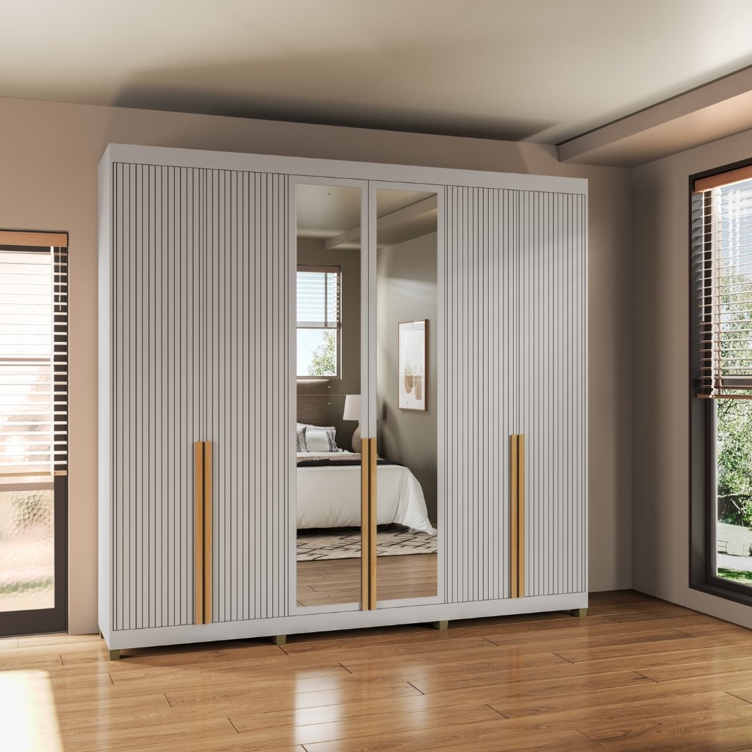 Roupeiro Newton 250cm 6 Portas 4 Gavetas Mdf Cinza / Cinza Puxador Nature Grafiatto C/ Espelho 517