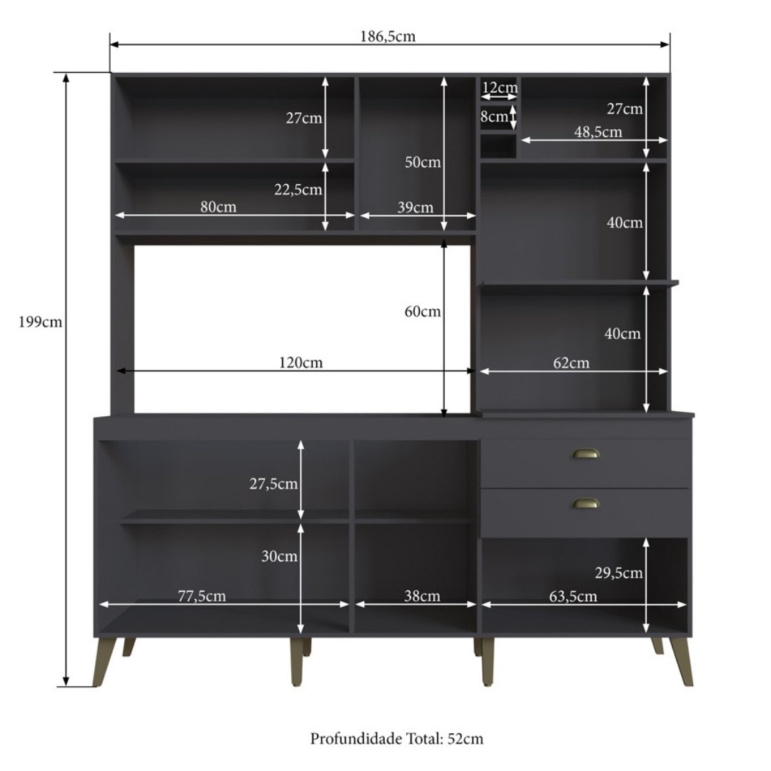Cozinha Compacta Donna 186,5cm 8 Portas 2 Gavetas Mdp Grafite / Snow C/ Nicho P/ Micro-ondas e Forno Elétrico e Adega 299