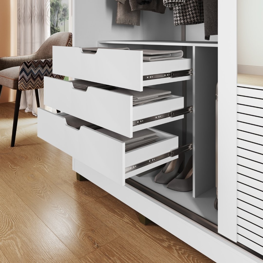 Roupeiro Malthus 237cm 2 Portas 3 Gavetas Mdf Branco / Branco Grafiatto C/ Espelho 520