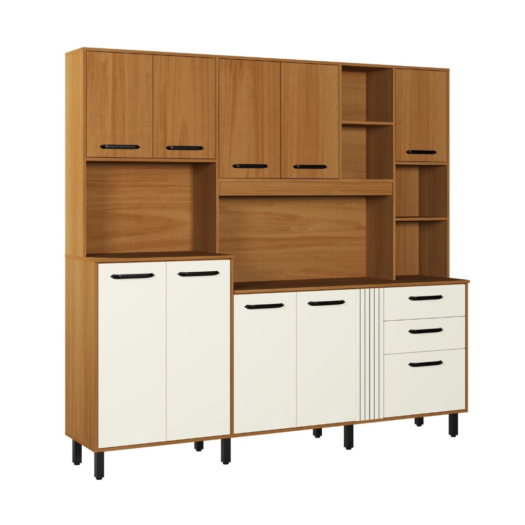 Kit de Cozinha Sole 210cm 10 Portas 2 Gavetas Mdp Nature / Champanhe C/ Tampo Espa&ccedil;o P/ Micro-ondas 594
