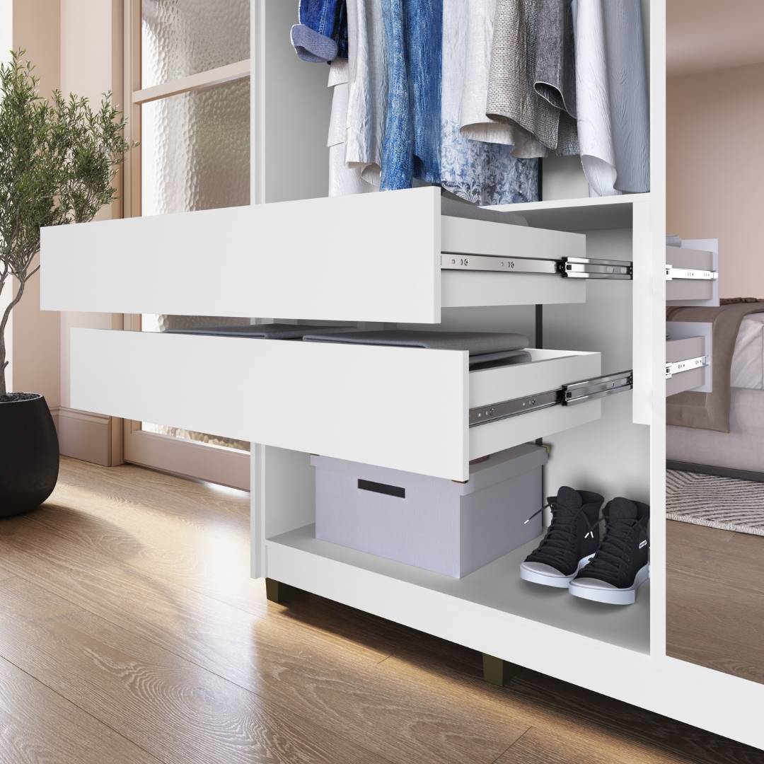 Roupeiro Órion 168cm 4 Portas 2 Gavetas Mdf Branco / Branco  C/ Espelho 522