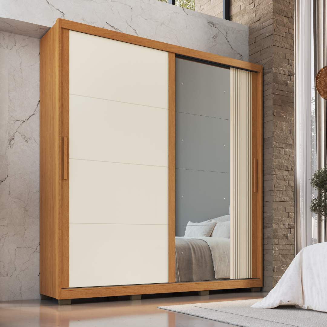 Roupeiro Lúmen 220cm 2 Portas 4 Gavetas Mdf Nature / Nature / Champanhe  C/ Grafiatto C/ Espelho 526