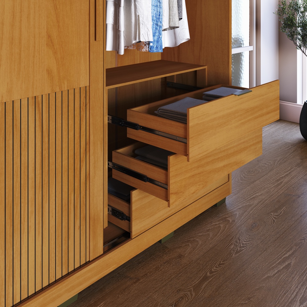 Roupeiro Sírus 170cm 2 Portas 3 Gavetas Mdf Nature / Nature / Champanhe  C/ Grafiatto S/ Espelho 527