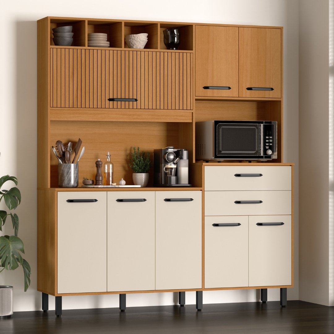 Kit de Cozinha Estrela 175cm 8 Portas 2 Gavetas Mdp Nature / Champanhe C/ Tampo Espa&ccedil;o P/ Micro-ondas 595