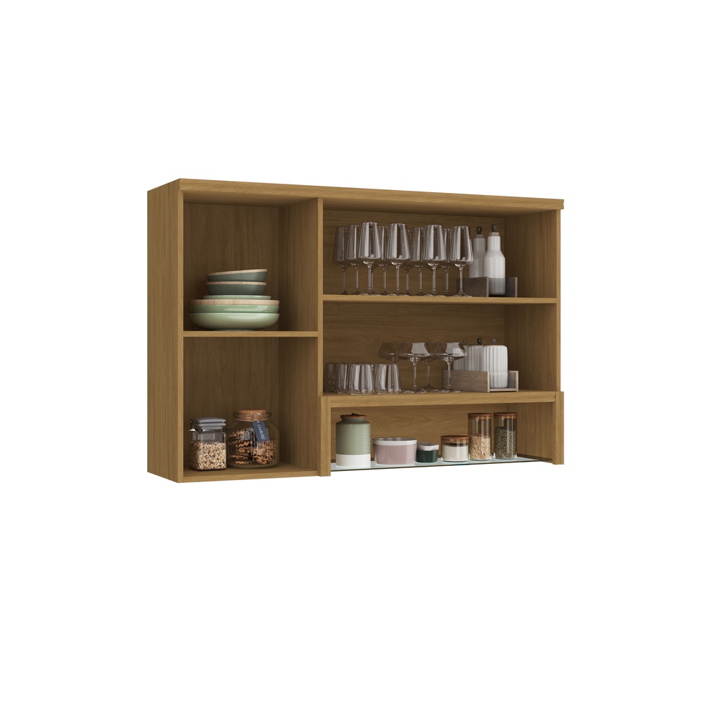 Armário Aéreo Alto 120cm 3 Portas Mdf Mascavo / Champanhe C/ Nicho Externo Prateleira de Vidro Linha Mira 4611
