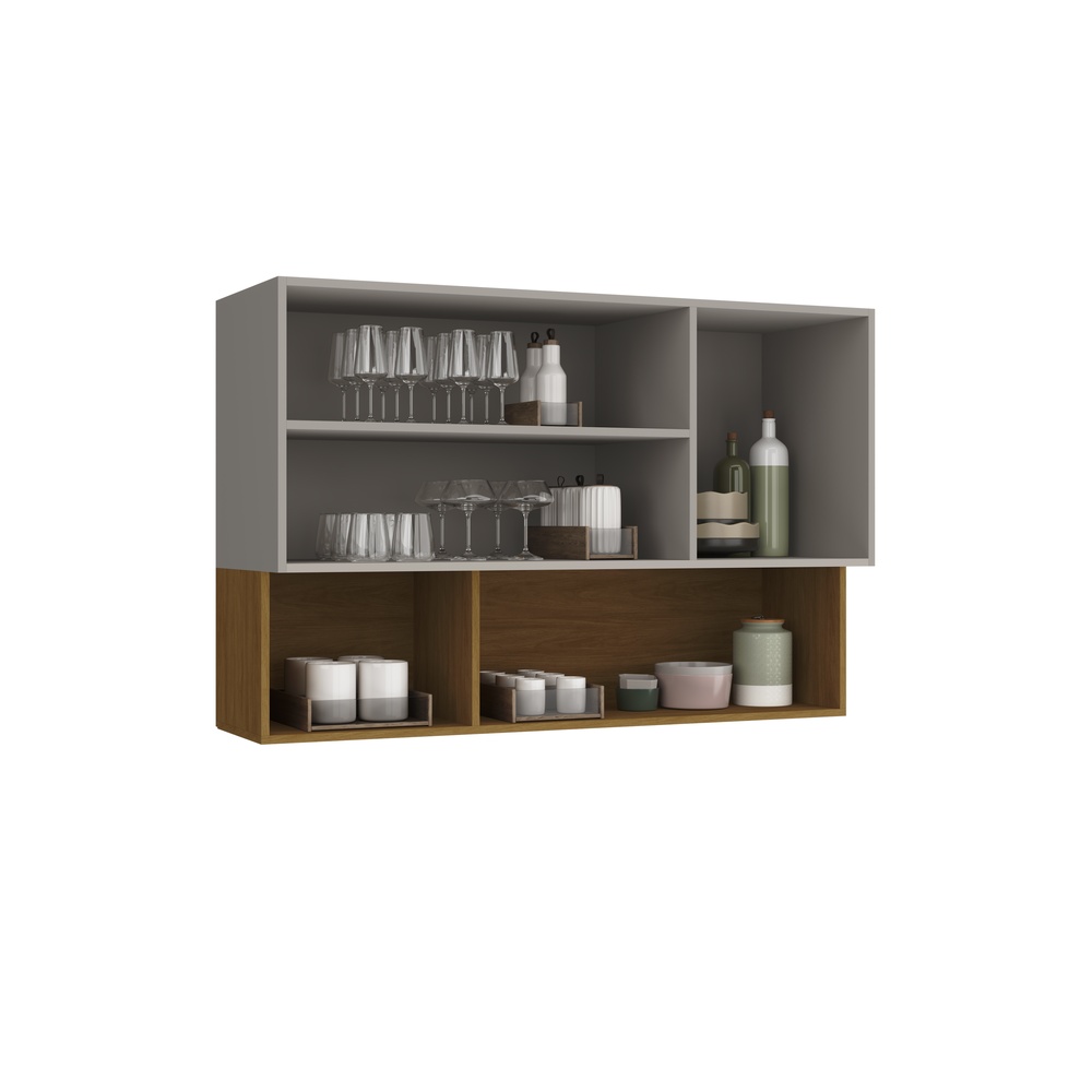 Armário Aéreo Alto 120cm 4 Portas Mdf Cinza / Mascavo C/ Vidro Fumê C/ Fita de Led Linha Alma 4419