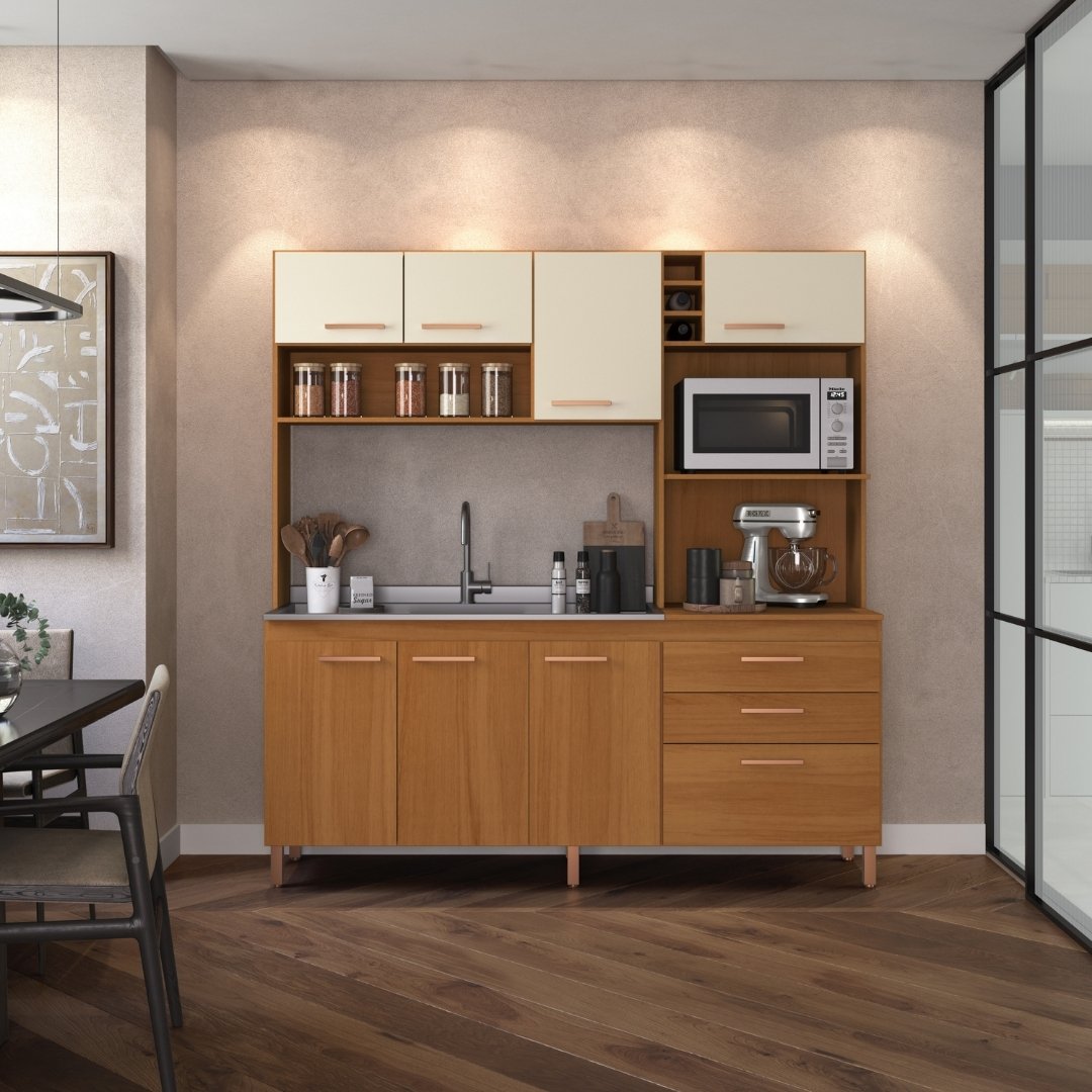 Cozinha Compacta Blume 186,5cm 8 Portas 2 Gavetas Mdp Nature / Champanhe C/ Nicho P/ Micro-ondas e Forno Elétrico e Adega 172