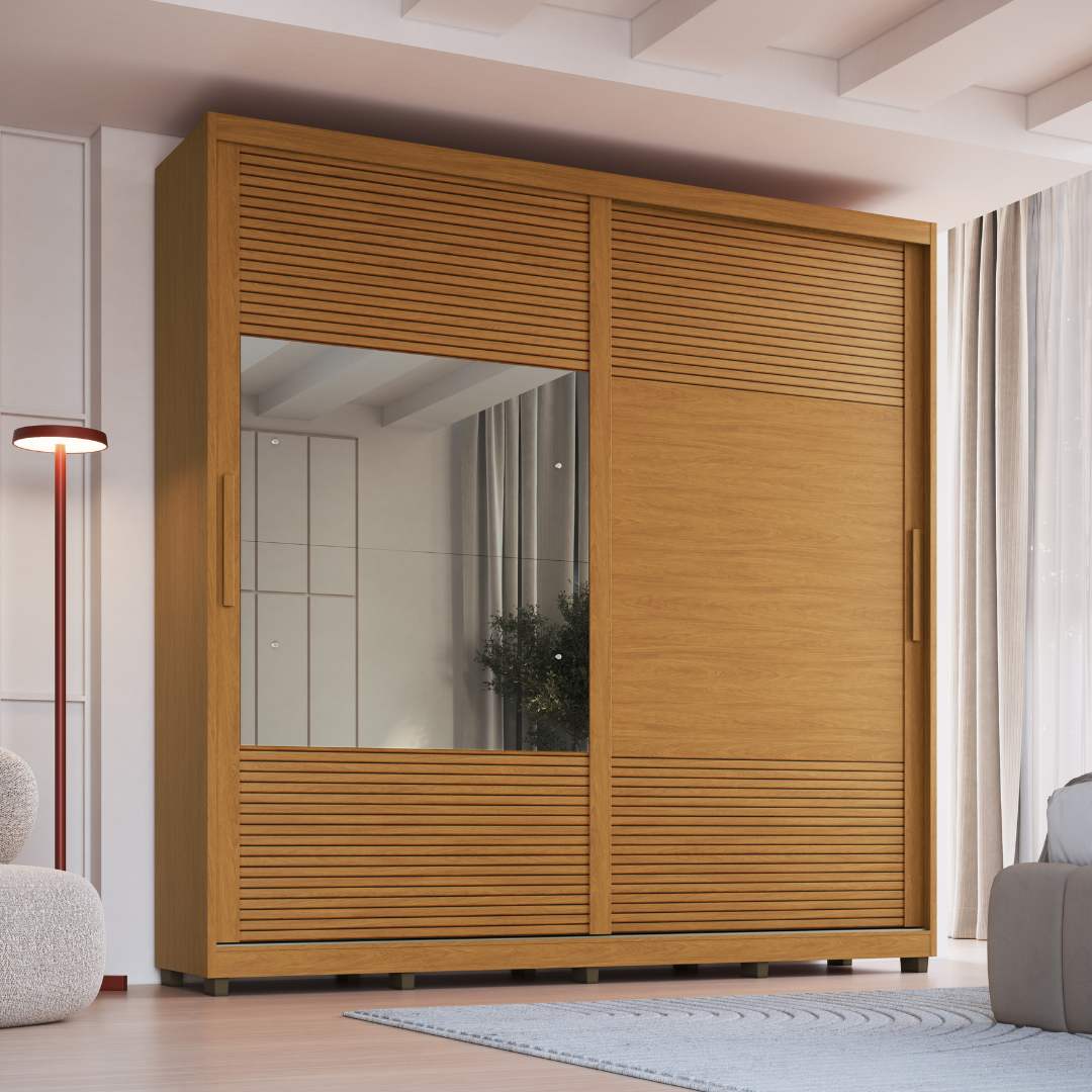 Roupeiro Malthus 237cm 2 Portas 3 Gavetas Mdf Nature / Nature Grafiatto C/ Espelho 520