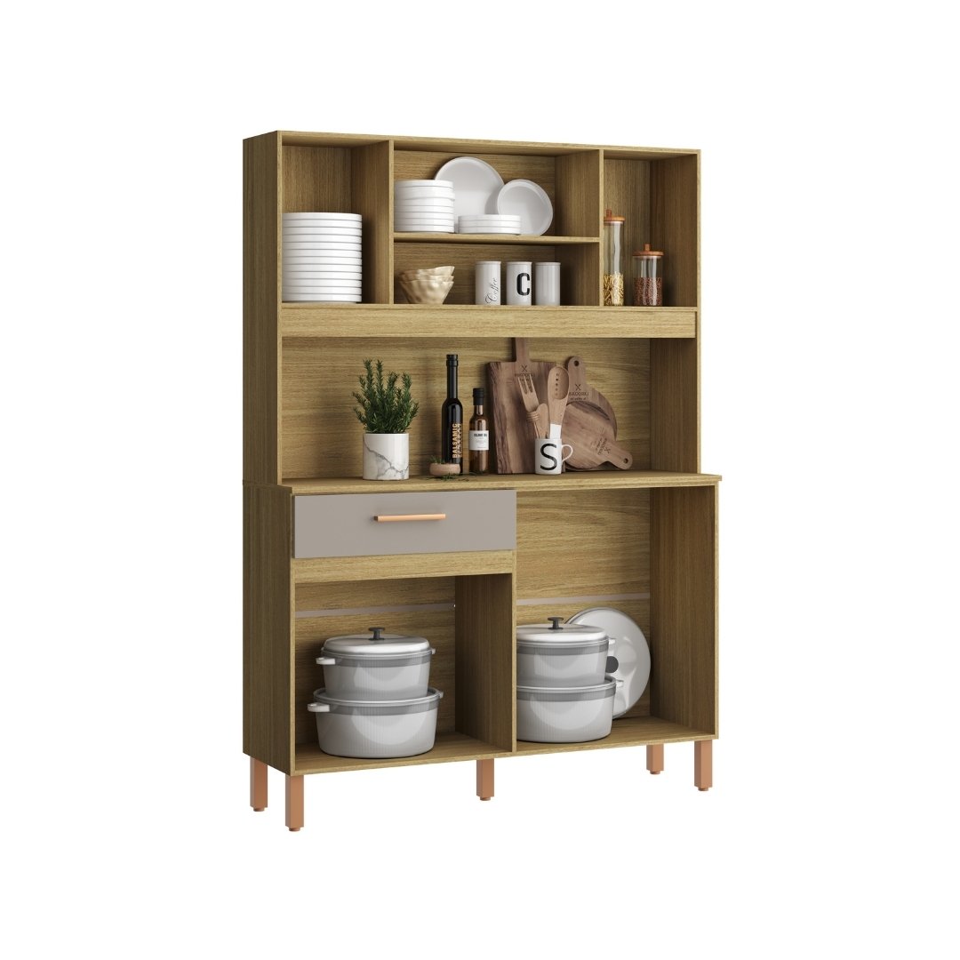 Kit de Cozinha 288 120cm 7 Portas 1 Gaveta Mdp Louro Freijó / Cinza C/ Tampo Espaço P/ Micro-ondas