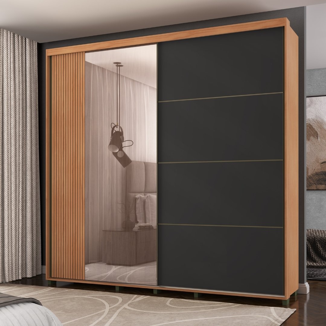 Roupeiro Tesla 240cm 2 Portas 4 Gavetas Mdf Nature / Champanhe / Grafite Grafiatto C/ Espelho 501