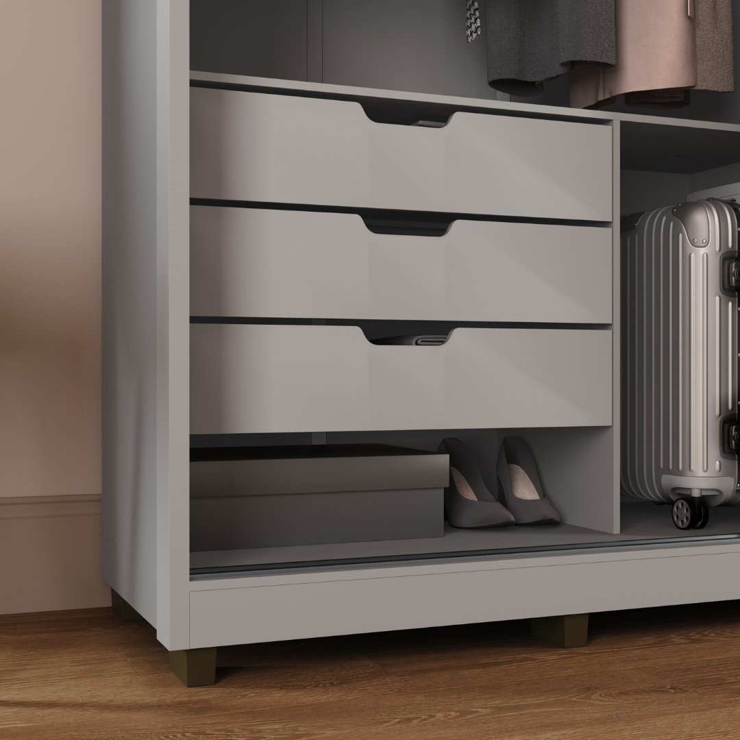 Roupeiro Malthus 237cm 2 Portas 3 Gavetas Mdf Cinza / Cinza Grafiatto C/ Espelho 520