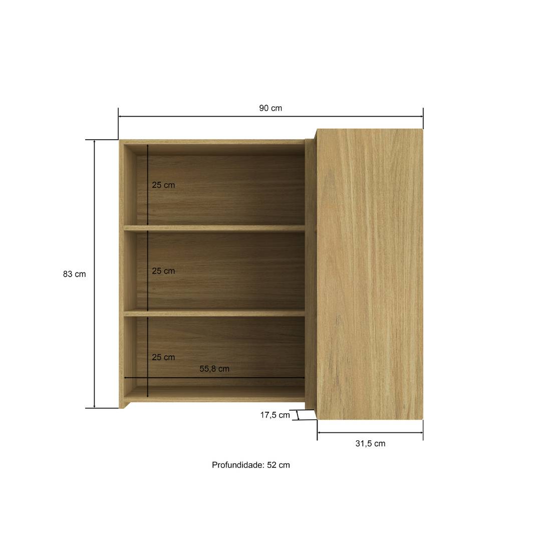 Armário Aéreo Alto Canto Reto 2 Portas Mdf Louro Freijó / Louro Freijó C/ Nicho Externo Linha Sardenha 4116