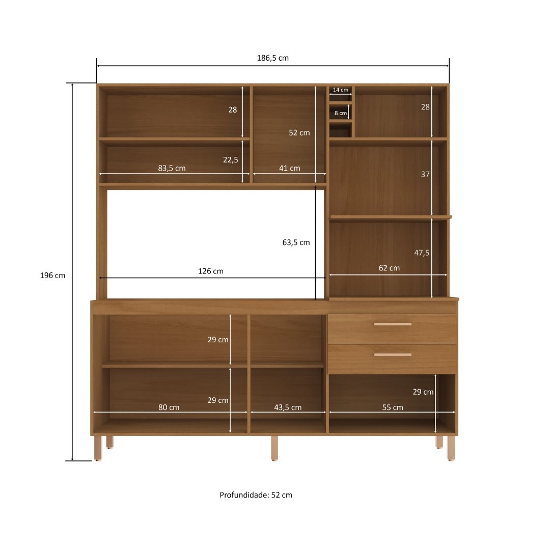 Cozinha Compacta Blume 186,5cm 8 Portas 2 Gavetas Mdp Nature / Champanhe C/ Nicho P/ Micro-ondas e Forno Elétrico e Adega 172