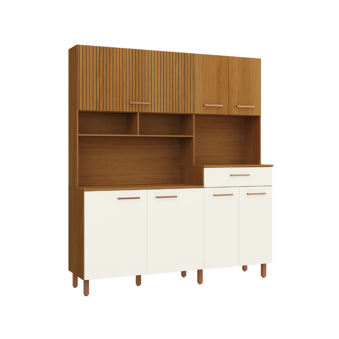 Kit de Cozinha Áurea 175cm 7 Portas 1 Gaveta Mdp Nature / Champanhe C/ Tampo Espaço P/ Micro-ondas 595