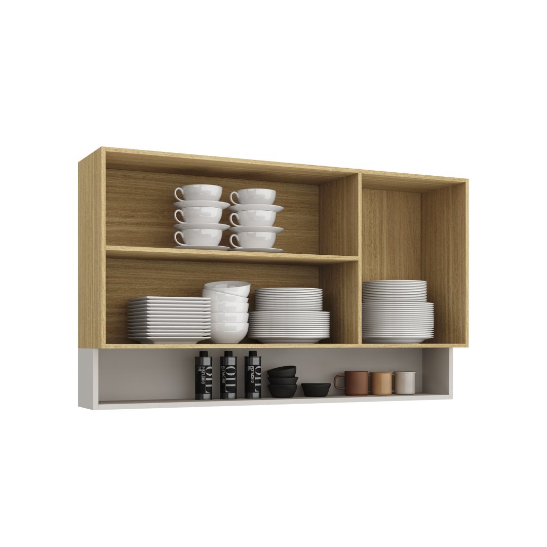 Armário Aéreo Alto 120cm 3 Portas Mdf Louro Freijó / Cinza C/ Nicho Externo Linha Ibiza 4311