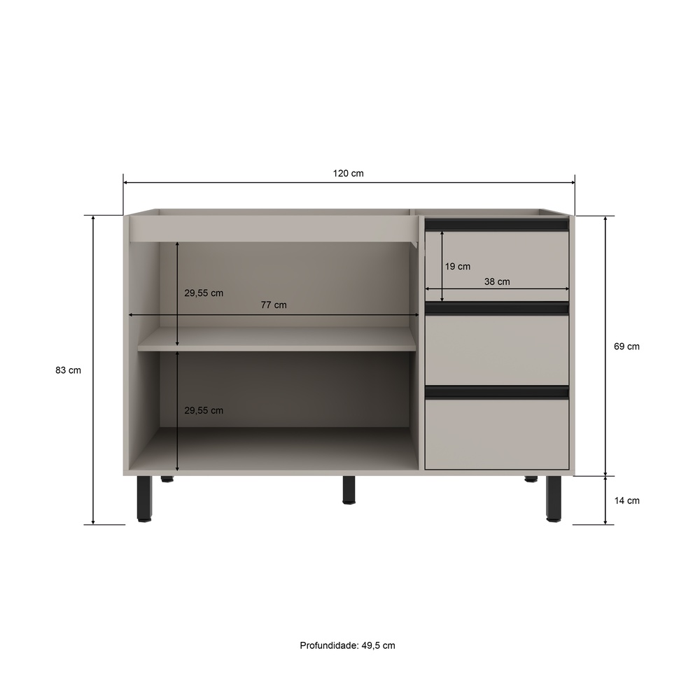 Balcão P/ Pia 120cm 2 Portas 3 Gavetas Mdp Cinza / Cinza Linha Charlotte 4507