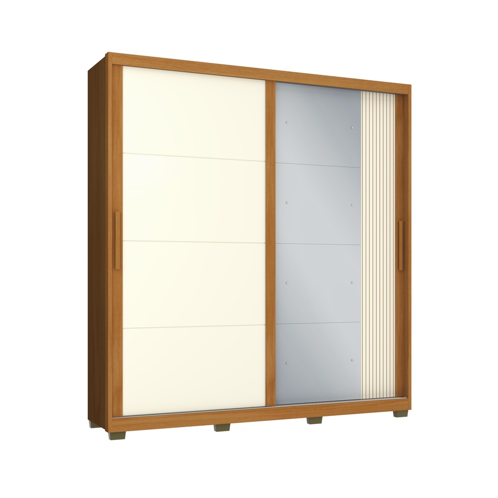 Roupeiro Lúmen 220cm 2 Portas 4 Gavetas Mdf Nature / Nature / Champanhe  C/ Grafiatto C/ Espelho 526
