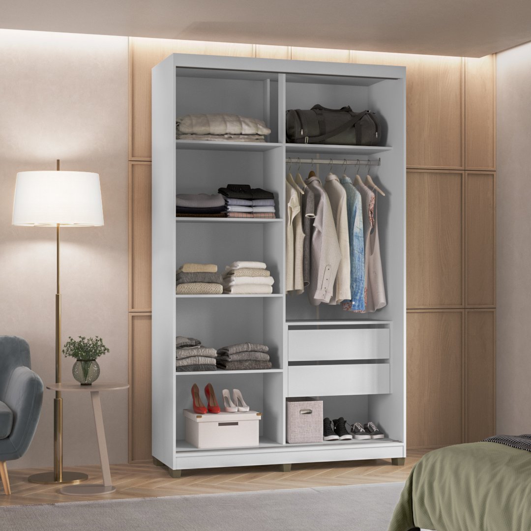 Roupeiro Picasso 140,5cm 2 Portas 2 Gavetas Mdf Branco / Branco Grafiatto C/ Espelho 516