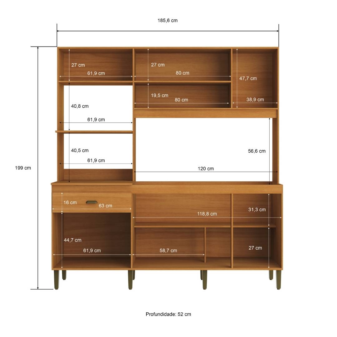 Cozinha Compacta Celine 186,5cm 8 Portas 1 Gaveta Mdp Nature / Champanhe S/tampo C/ Nicho P/ Micro-ondas e Forno Elétrico 399