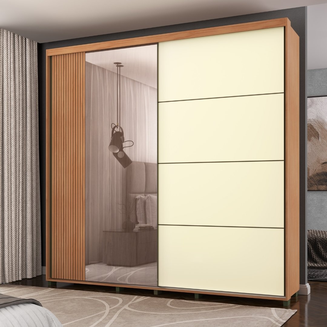 Roupeiro Tesla 240cm 2 Portas 4 Gavetas Mdf Nature / Champanhe / Grafite Grafiatto C/ Espelho 501