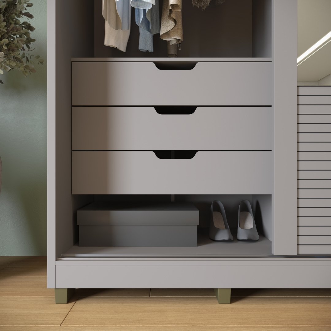 Roupeiro Thales 150cm 2 Portas 3 Gavetas Mdf Cinza / Cinza Grafiatto C/ Espelho 521