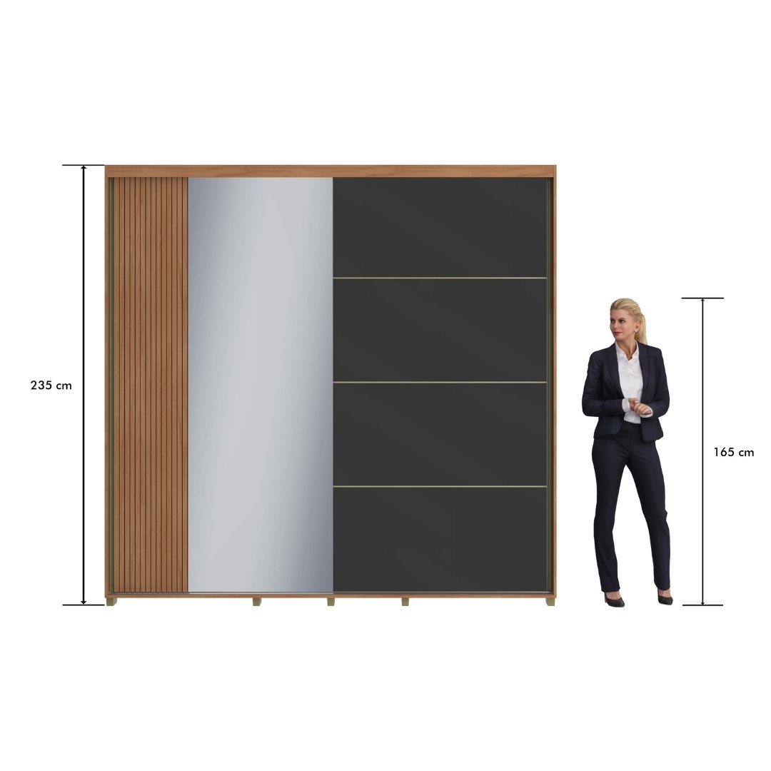 Roupeiro Tesla 240cm 2 Portas 4 Gavetas Mdf Nature / Champanhe / Grafite Grafiatto C/ Espelho 501