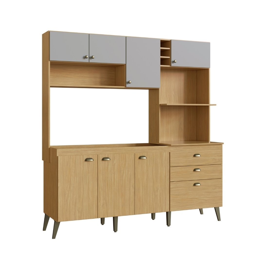 Cozinha Compacta Donna 186,5cm 8 Portas 2 Gavetas Mdp Louro Freij&oacute; / Off White C/ Nicho P/ Micro-ondas e Forno El&eacute;trico e Adega 299