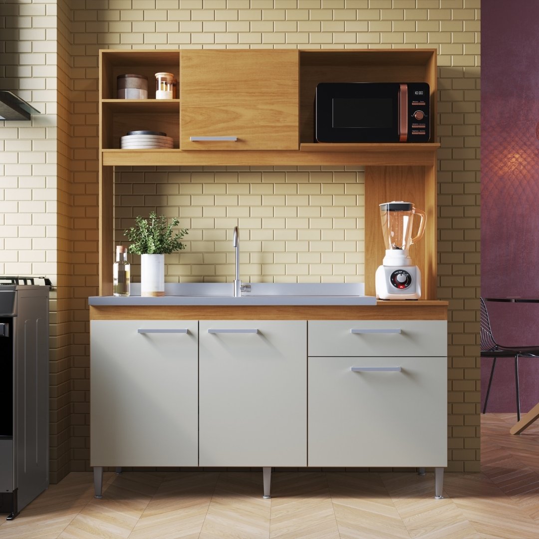 Cozinha Compacta Mali 151,5cm 4 Portas 1 Gaveta Mdp Nature / Off White S/tampo C/ Nicho P/ Micro-ondas 184