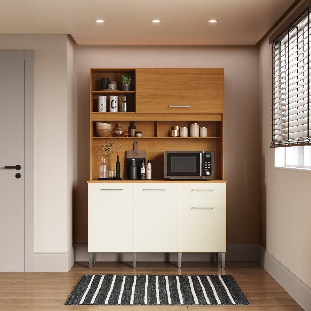 Kit de Cozinha L&oacute;tus 135cm 4 Portas 1 Gaveta Mdp Nature / Champanhe C/ Tampo 194