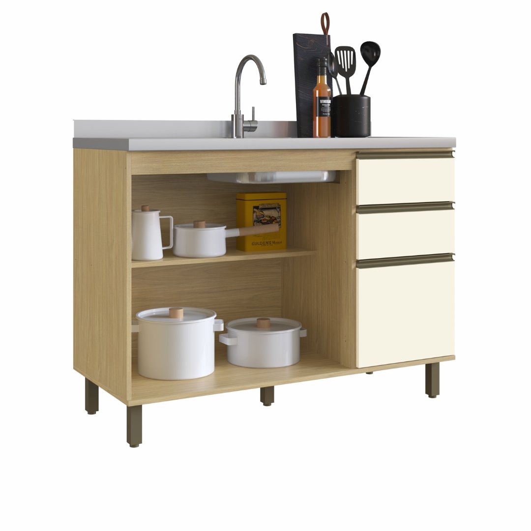 Balcão P/ Pia 120cm 2 Portas 3 Gavetas Mdf Louro Freijó / Champanhe Linha Nova Dubai 3907