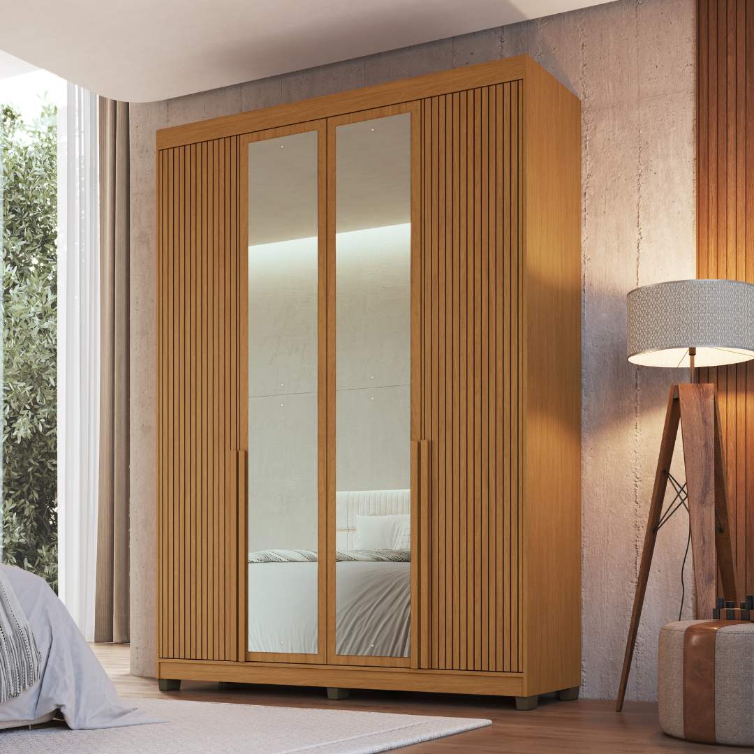 Roupeiro Newton 168cm 4 Portas 2 Gavetas Mdf Nature / Nature Grafiatto C/ Espelho 524