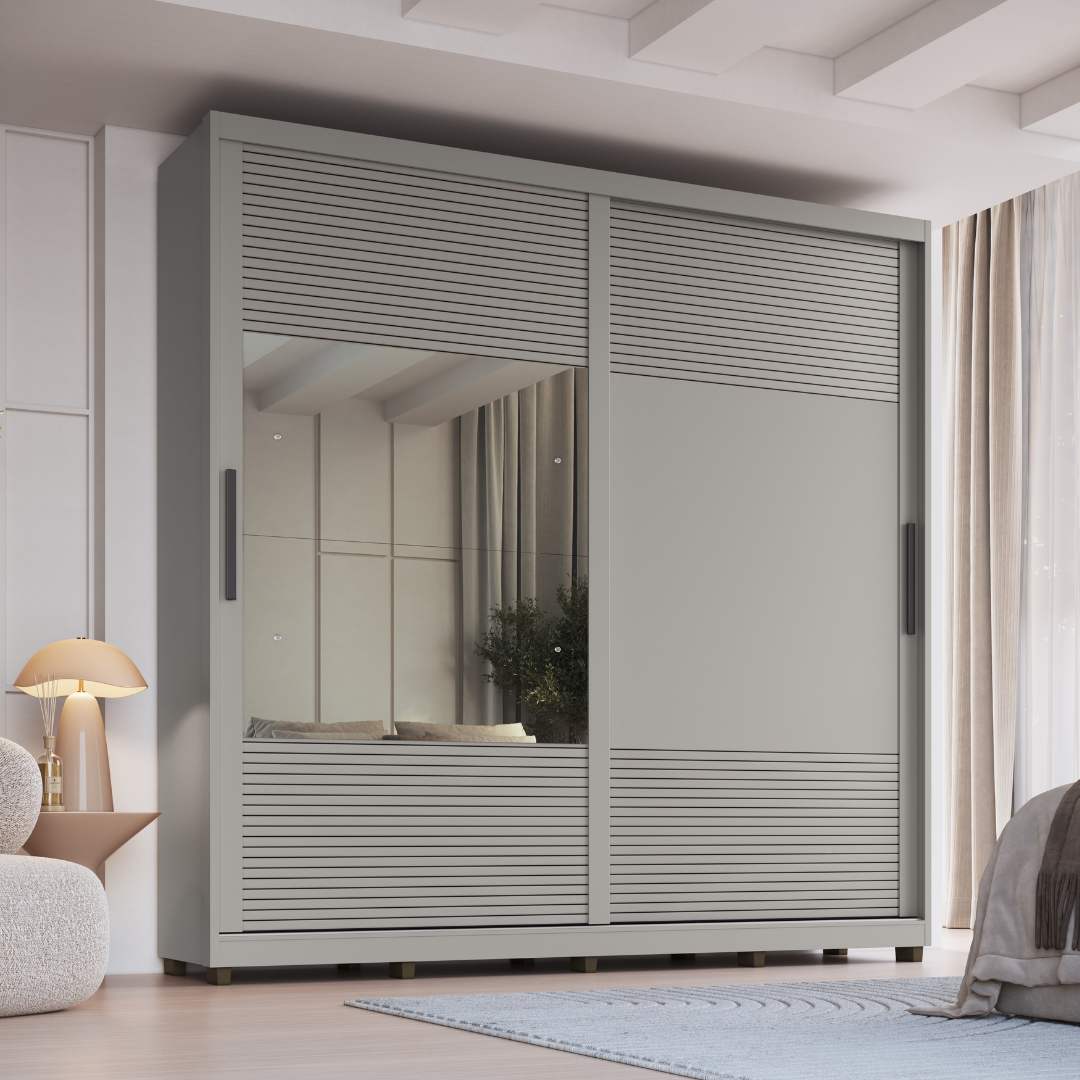 Roupeiro Malthus 237cm 2 Portas 3 Gavetas Mdf Cinza / Cinza Grafiatto C/ Espelho 520