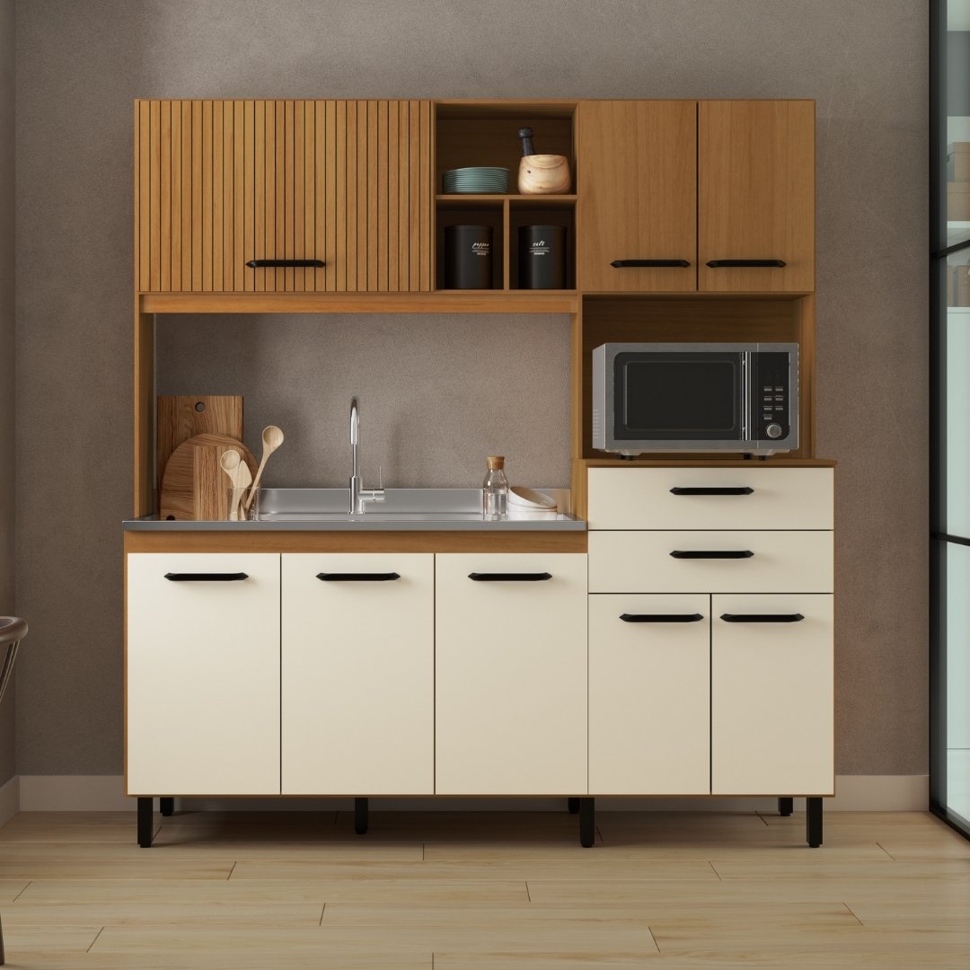 Cozinha Compacta Tainá 185,2cm 8 Portas 2 Gavetas Mdp Nature / Champanhe S/tampo C/ Nicho P/ Micro-ondas 597