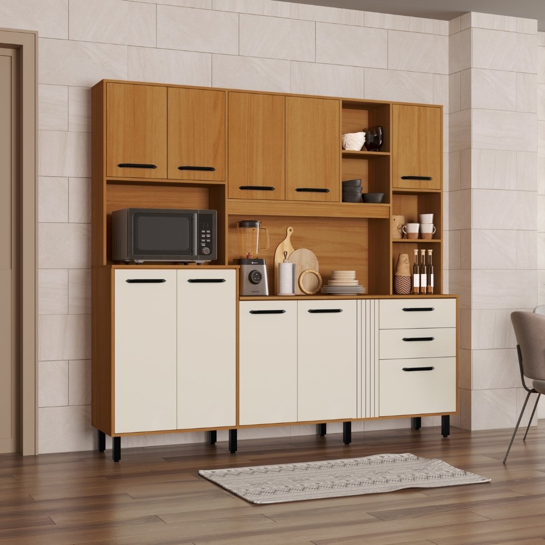 Kit de Cozinha Sole 210cm 10 Portas 2 Gavetas Mdp Nature / Champanhe C/ Tampo Espa&ccedil;o P/ Micro-ondas 594