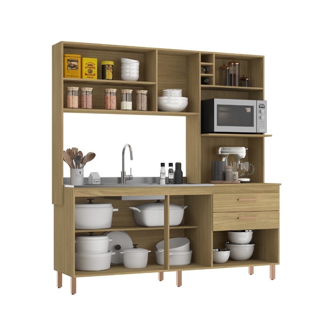 Cozinha Compacta Blume 186,5cm 8 Portas 2 Gavetas Mdp  Louro Freijó / Cinza C/ Nicho P/ Micro-ondas e Forno Elétrico e Adega 172