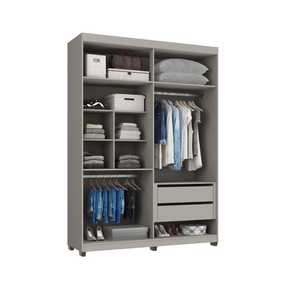 Roupeiro Newton 168cm 4 Portas 2 Gavetas Mdf Cinza / Cinza C/ Espelho 524