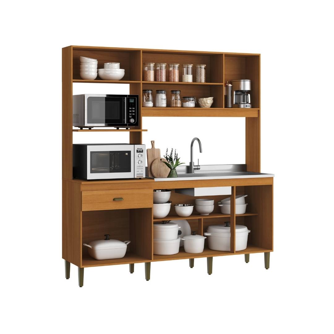 Cozinha Compacta Celine 186,5cm 8 Portas 1 Gaveta Mdp Nature / Champanhe S/tampo C/ Nicho P/ Micro-ondas e Forno Elétrico 399