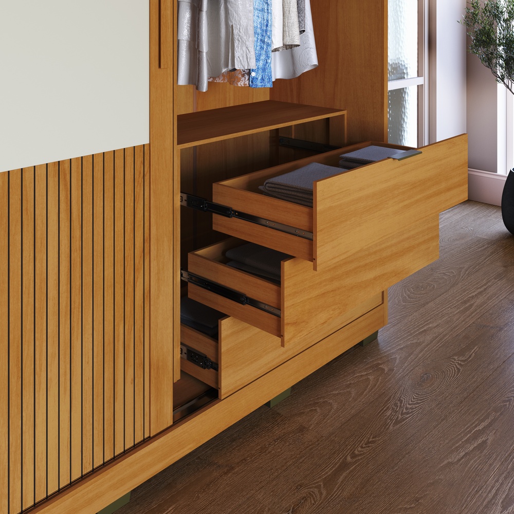 Roupeiro Sírus 170cm 2 Portas 3 Gavetas Mdf Nature / Nature / Champanhe  C/ Grafiatto C/ Espelho 527