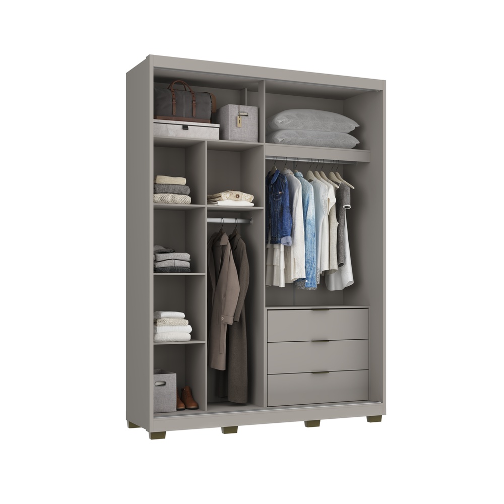 Roupeiro Sírus 170cm 2 Portas 3 Gavetas Mdf Cinza / Cinza C/ Grafiatto C/ Espelho 527