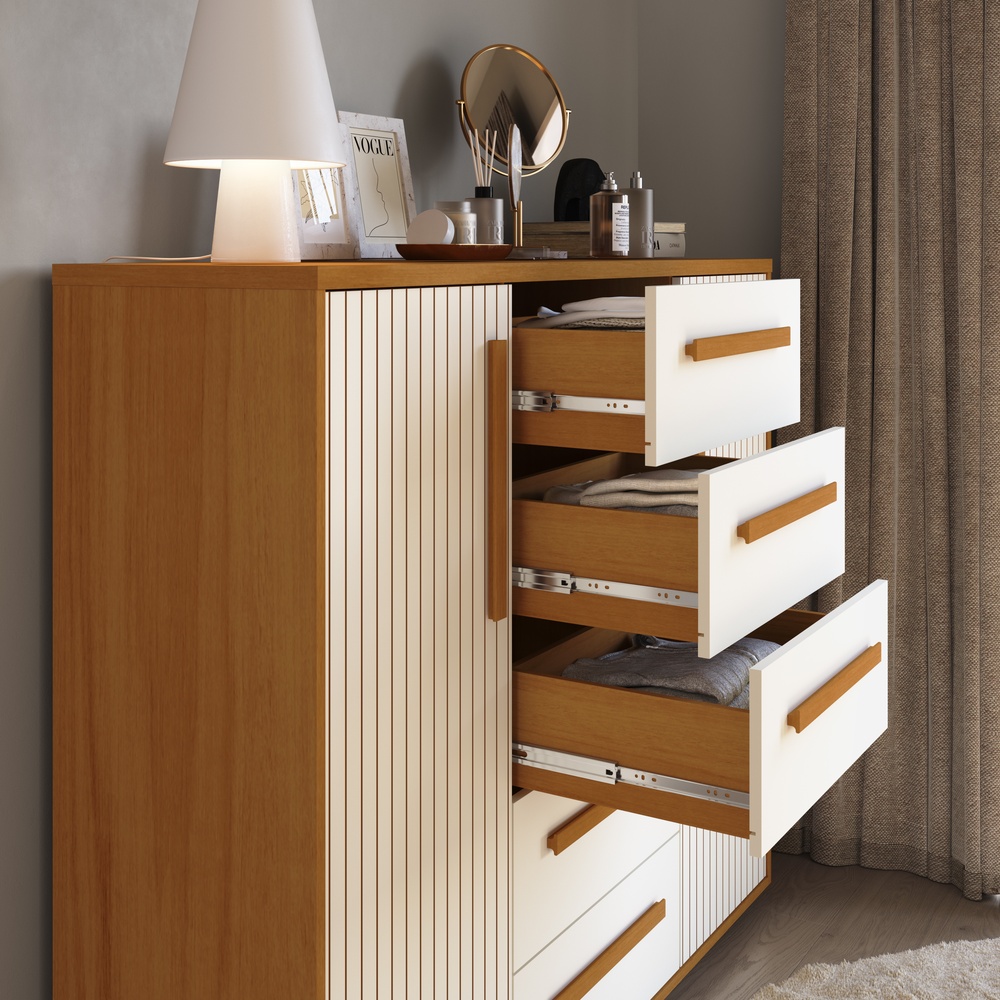 Cômoda Strauss 135cm 2 Portas 5 Gavetas Mdf Nature / Champanhe 528