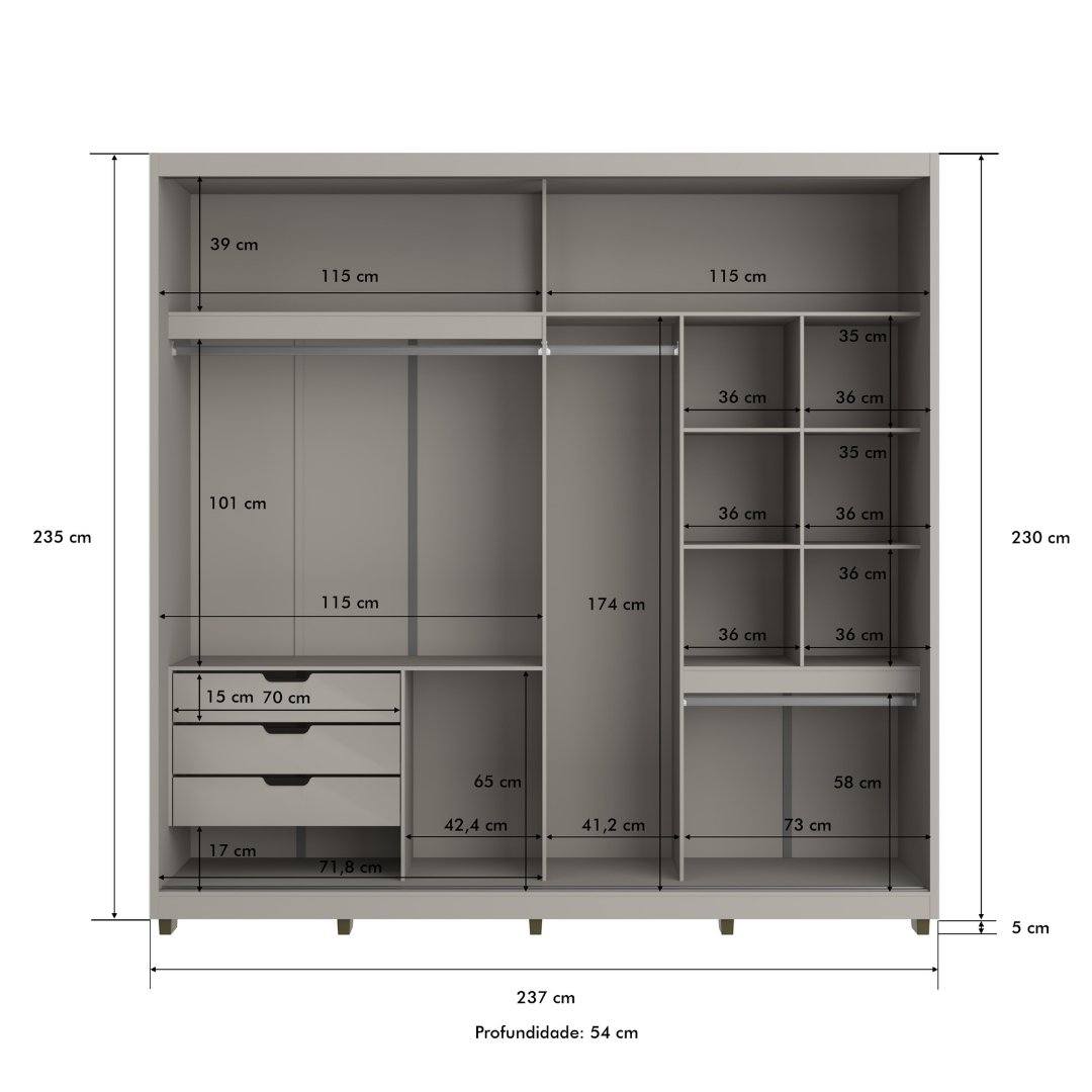 Roupeiro Malthus 237cm 2 Portas 3 Gavetas Mdf Cinza / Cinza Grafiatto C/ Espelho 520